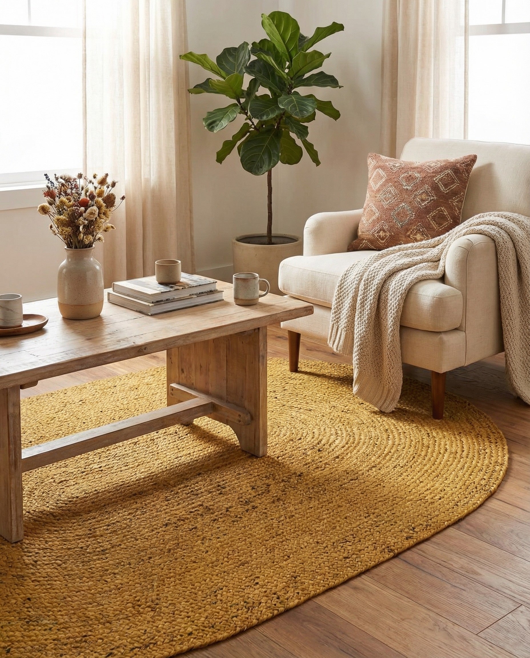 A 5' 1 x 8' 0 oval yellow jute rug with a braided, textured flatweave pattern, ideal for a natural or coastal indoor setting.