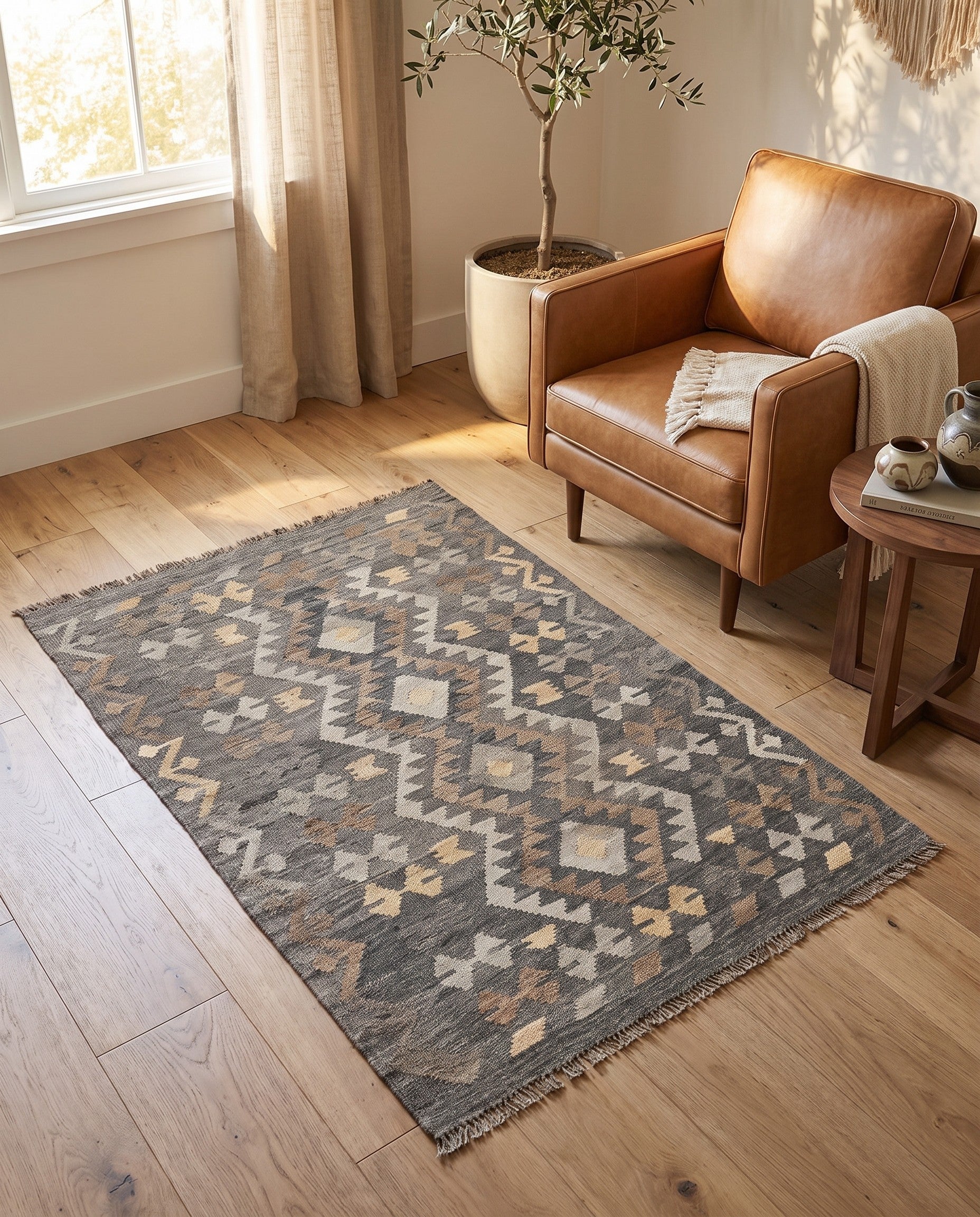 3' 4 x 4' 11 Hand Woven Kilim Maymana Wool Rug