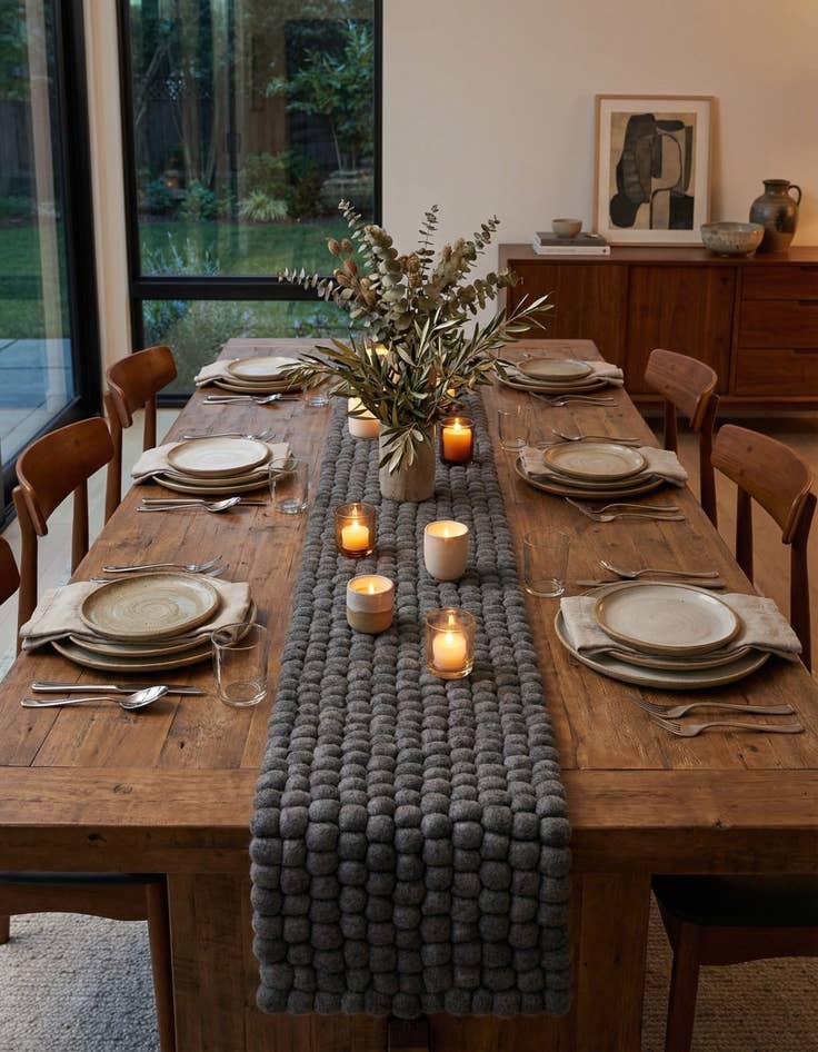 Detail image of 1' 2 x 10'  Hand Woven Felt Ball Wool Table Runner Rug