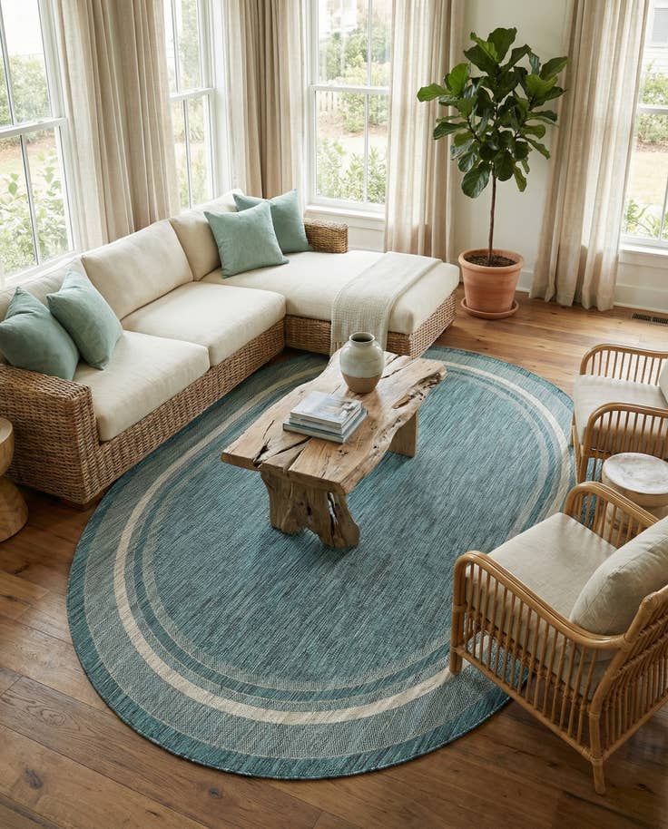 Detail image of 7' 10 x 10' Easy-Clean Border Indoor / Outdoor Oval Rug