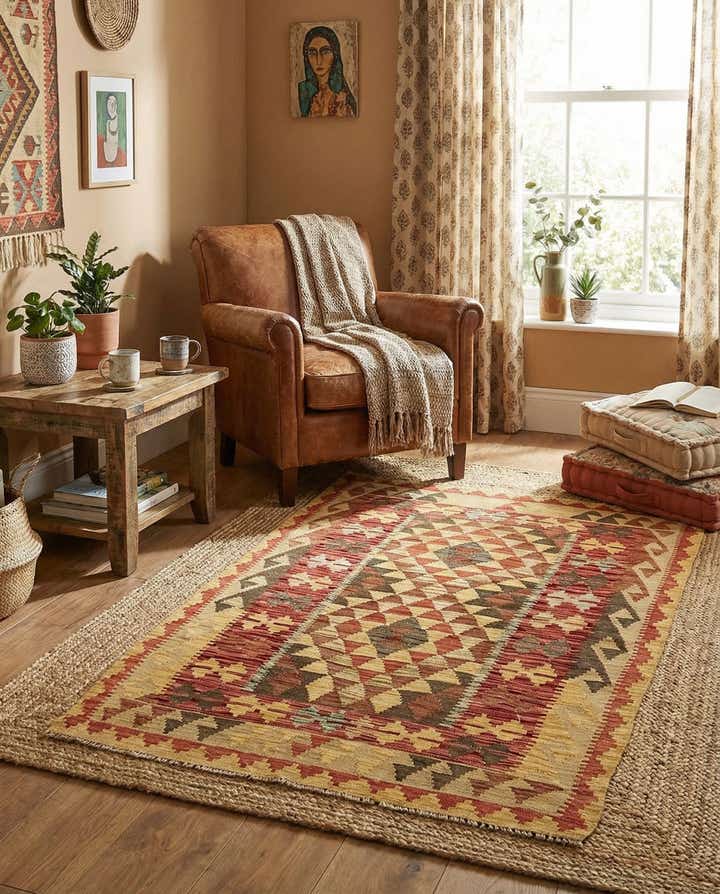 3' 4 x 4' 11 Hand Woven Kilim Maymana Wool Rug