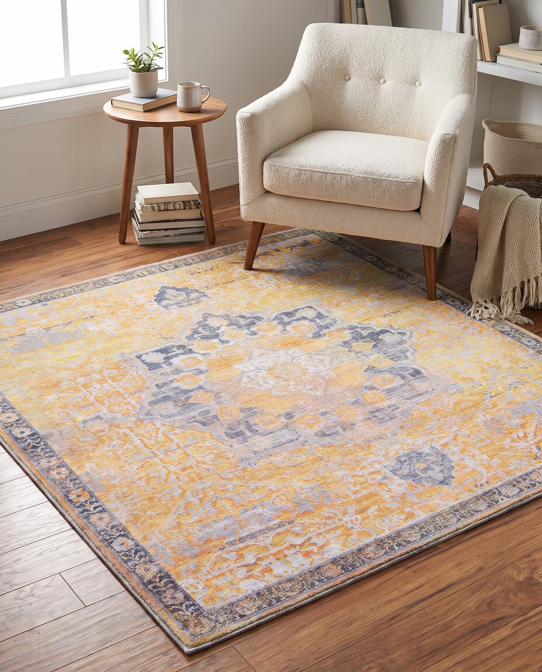 Tuscan Yellow Washable Renaissance Square Rug