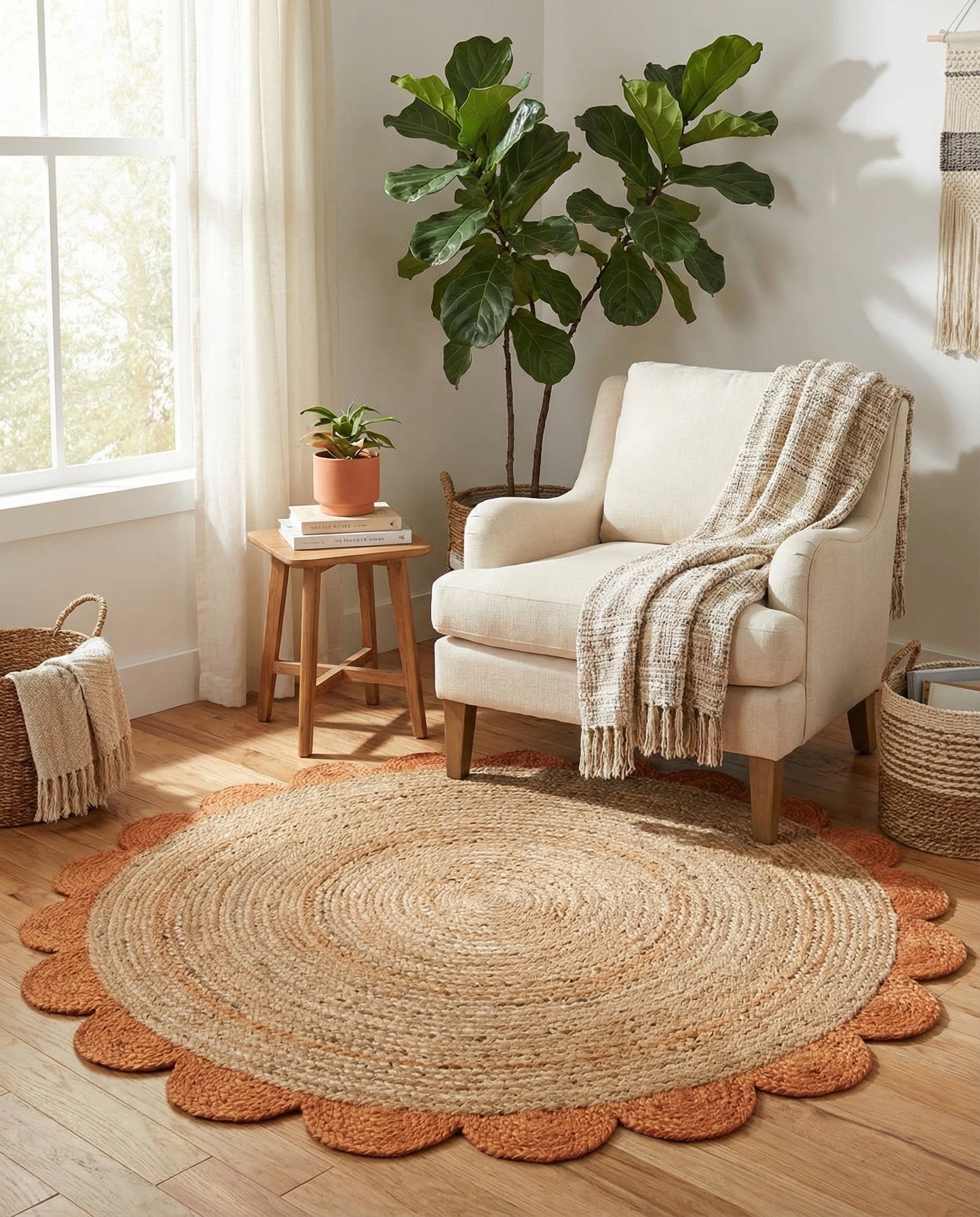 4' 1 x 4' 1  Hand Scallop Braided Jute Round Rug