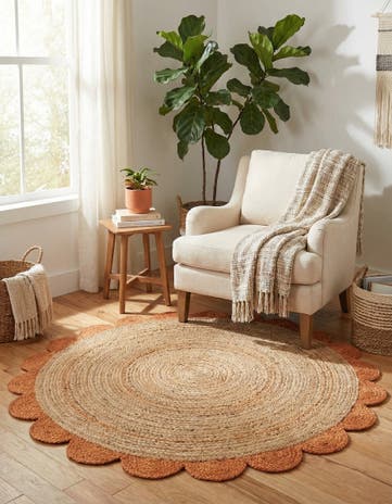 Natural and Terracotta Handmade Scallop Braided Jute Round Rug