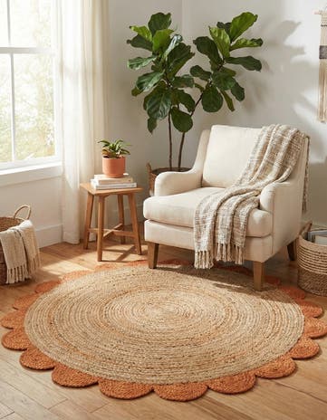 Natural and Terracotta Handmade Scallop Braided Jute Round Rug