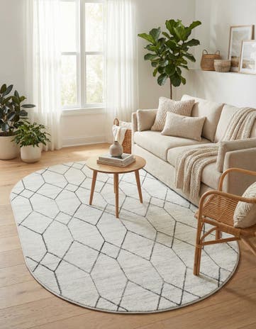 White Lattice Trellis Oval Rug