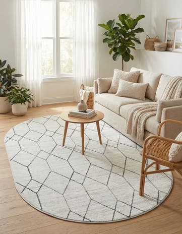 White Lattice Trellis Oval Rug