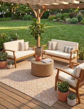 Beige Easy-Clean Trellis Textured Indoor / Outdoor Square Rug