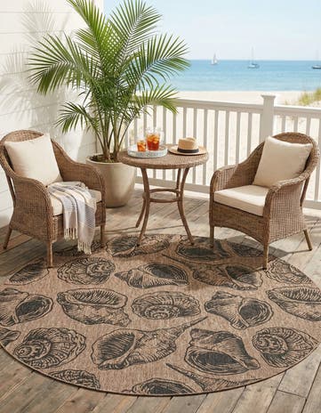 Brown and Black Easy-Clean Coastal Indoor / Outdoor Round Rug
