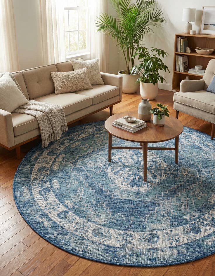 Detail image of 5' 3 x 5' 3  Washable Traditional Indoor / Outdoor Round Rug