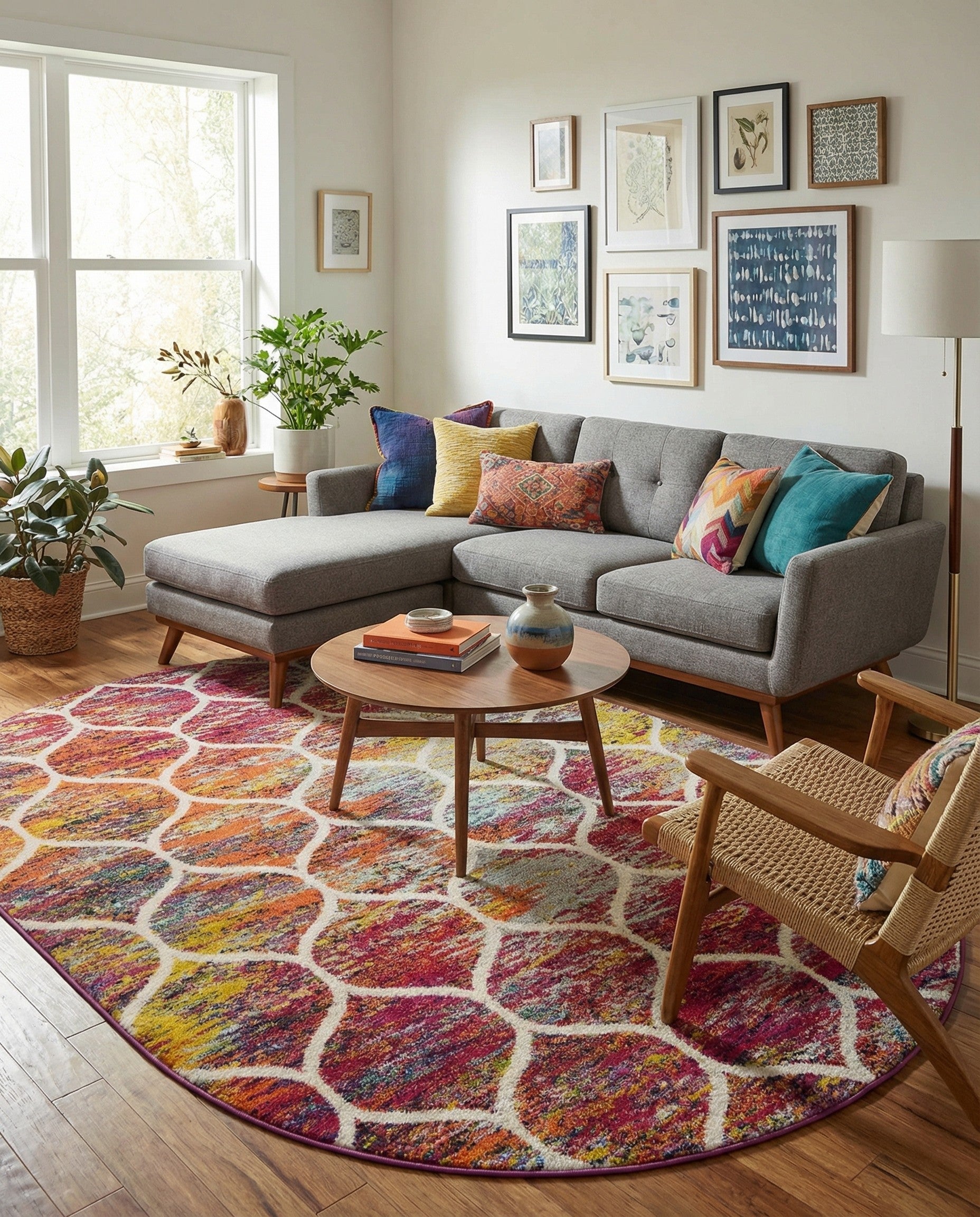 A 6' x 9' oval multi-colored rug with a modern trellis pattern in vibrant hues of red, orange, yellow, and blue.