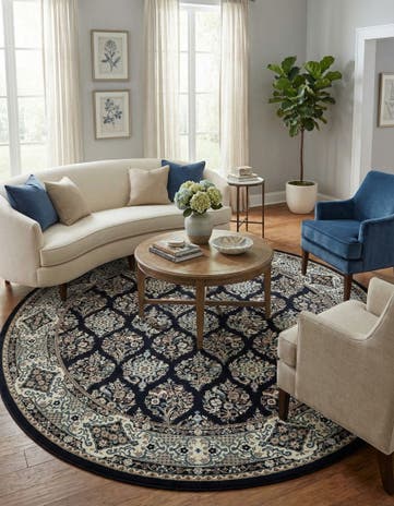 Navy Blue Nain Design Round Rug