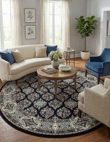 Navy Blue Nain Design Round Rug