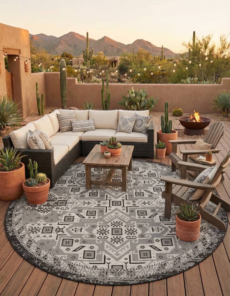 Detail image of 12' x 12'  Washable Aztec Indoor / Outdoor Round Rug