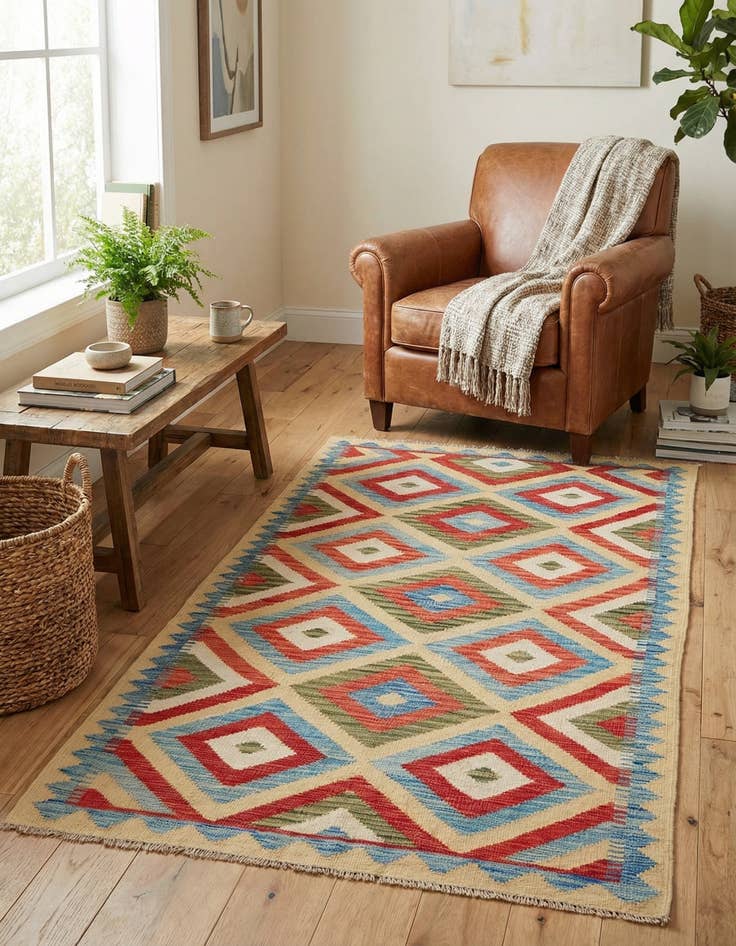 Detail image of  3' 4 x 6' 3  Hand Woven Kilim Maymana Wool Rug