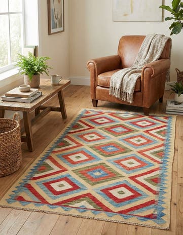 3' 4 x 6' 3 Hand Woven Kilim Maymana Wool Rug