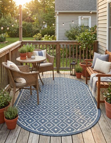 Navy Blue Easy-Clean Lattice Indoor / Outdoor Oval Rug