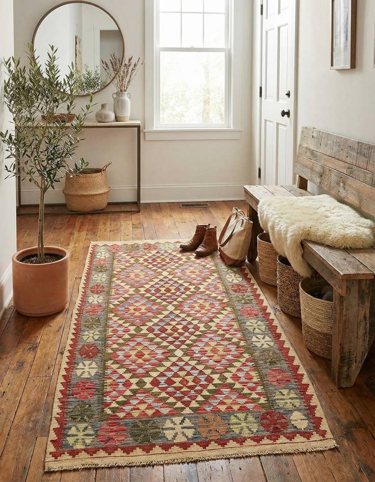 Detail image of 3' 2 x 6' 3  Hand Woven Kilim Maymana Wool Rug