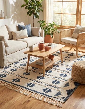 Navy Blue and White Hand Woven Arizona Wool Square Rug