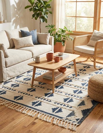 Navy Blue and White Hand Woven Arizona Wool Square Rug