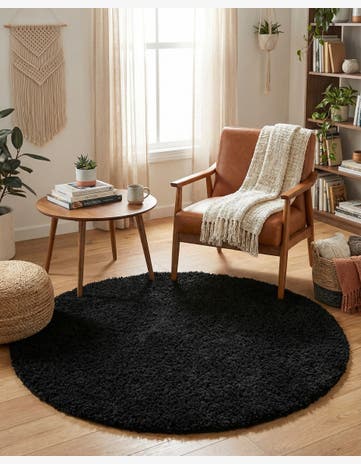 Jet Black Solid Shag Round Rug