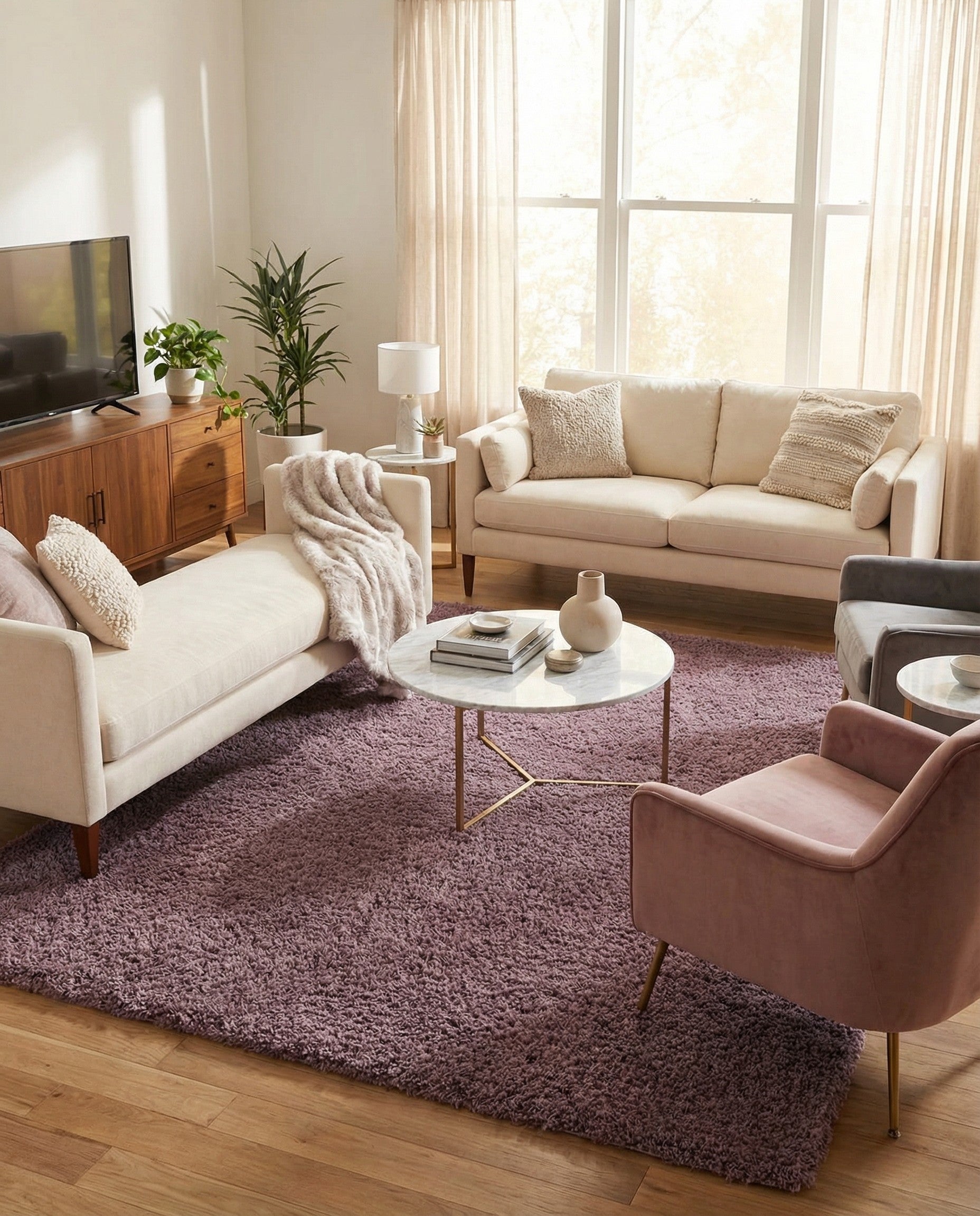 A large 9x12 rectangular purple shag rug, offering a soft, textured, and solid color surface perfect for a modern living room.