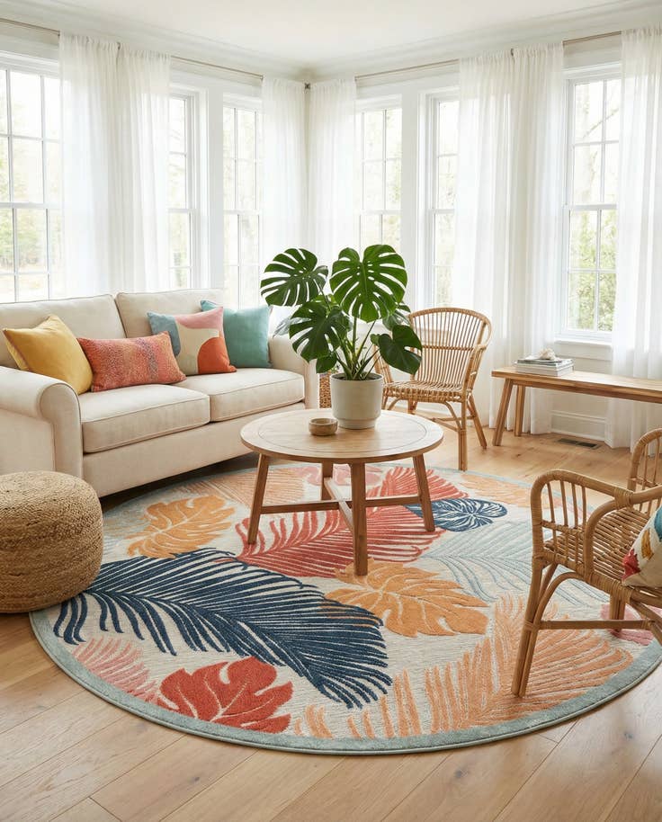 Detail image of 8' 2 x 8' 2 Easy-Clean Botanical Indoor / Outdoor Round Rug