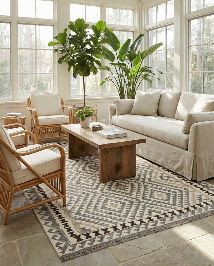 5' 3 x 6' 8 Hand Woven Kilim Maymana Wool Rug