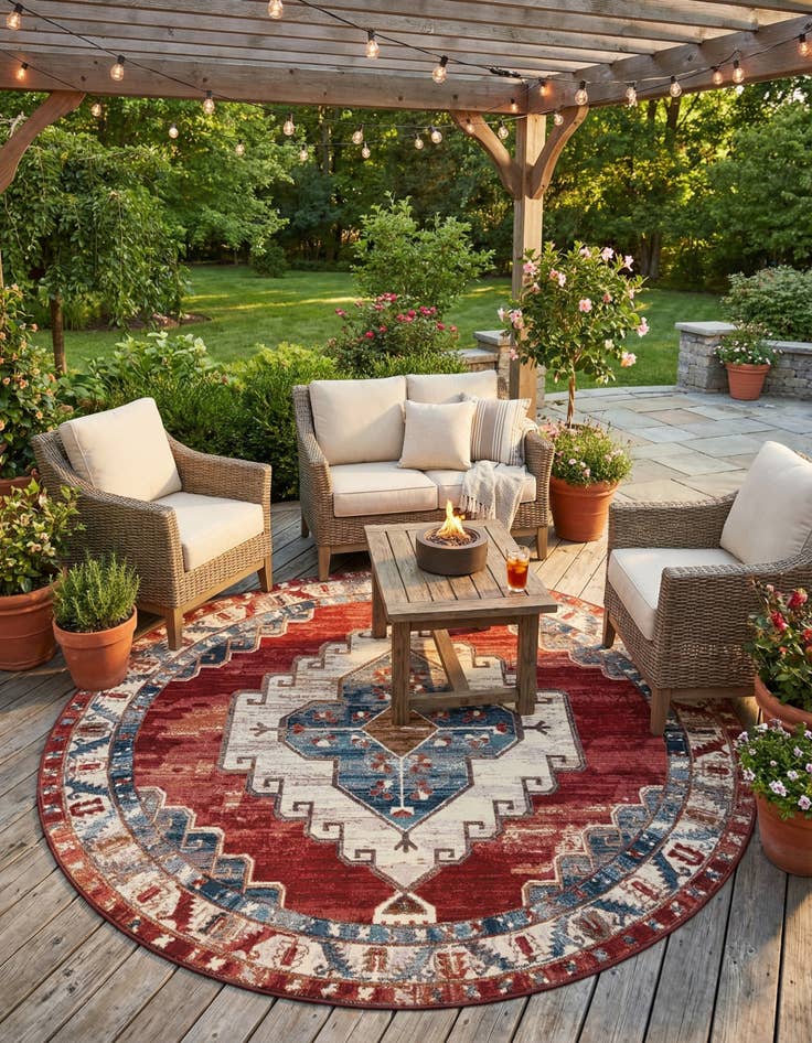Detail image of 7' 10 x 7' 10 Easy-Clean Traditional Indoor / Outdoor Round Rug