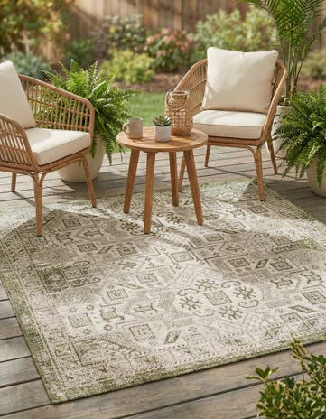 Green Easy-Clean Aztec Indoor / Outdoor Square Rug