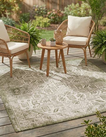 Green Easy-Clean Aztec Indoor / Outdoor Square Rug