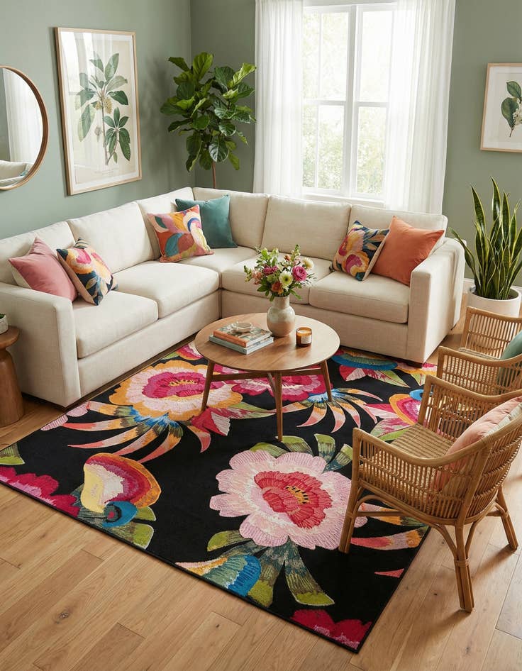 Detail image of 7' 10 x 7' 10  Washable Botanical Indoor / Outdoor Square Rug