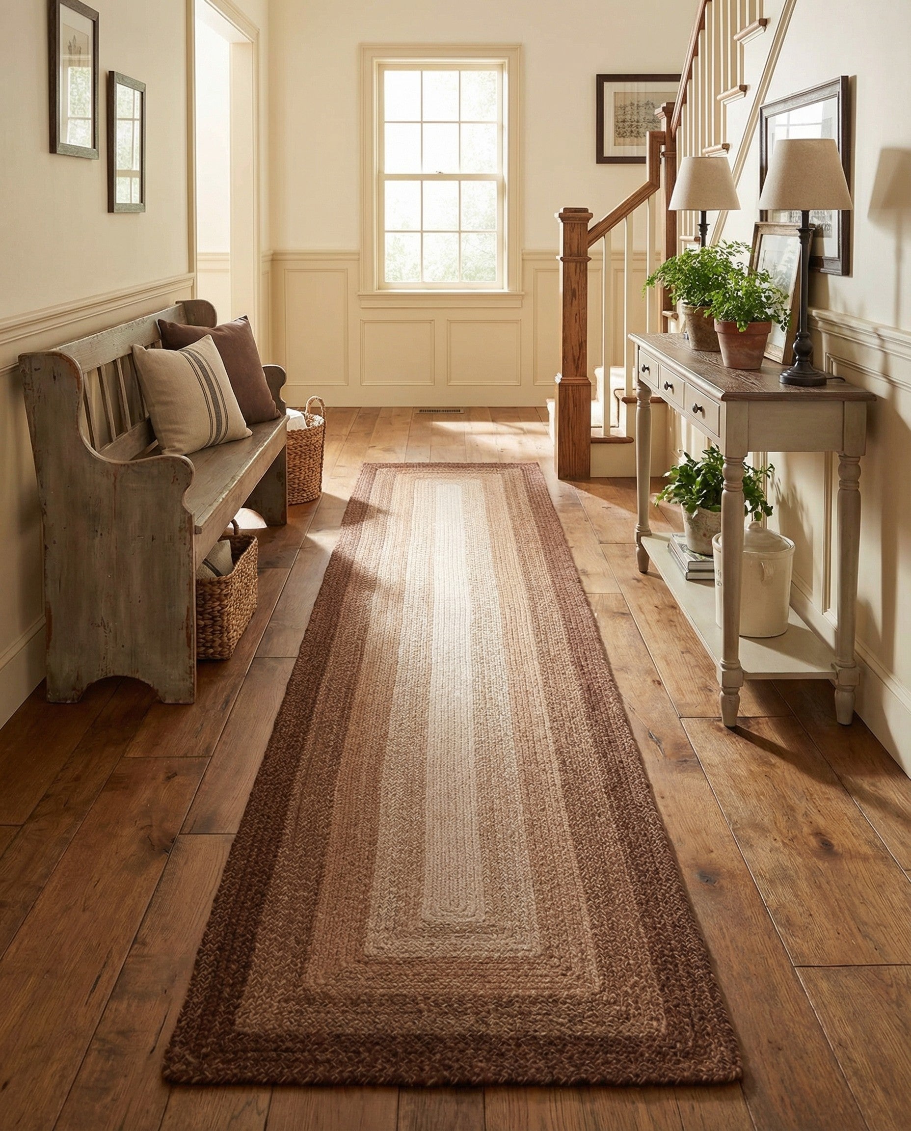 A 12 ft runner rug featuring a modern braided wool design in varying shades of brown and tan, ideal for a hallway.