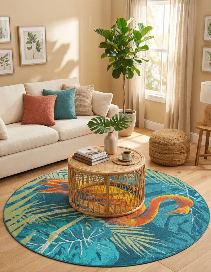 Detail image of  7' x 7'  Washable Coastal Indoor / Outdoor Round Rug
