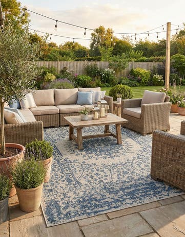 Blue Easy-Clean Traditional Indoor / Outdoor Rug