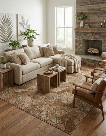 Brown and Beige Easy-Clean Botanical Indoor / Outdoor Rug