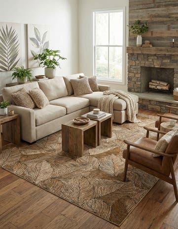Brown and Beige Easy-Clean Botanical Indoor / Outdoor Rug
