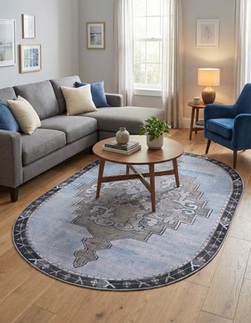 Blue Gray Washable Timeless Oval Rug
