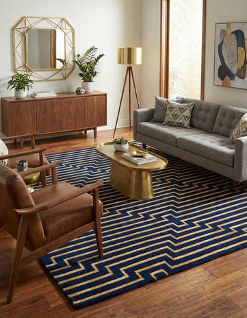 Navy Blue and Gold Vogue Geo Square Rug