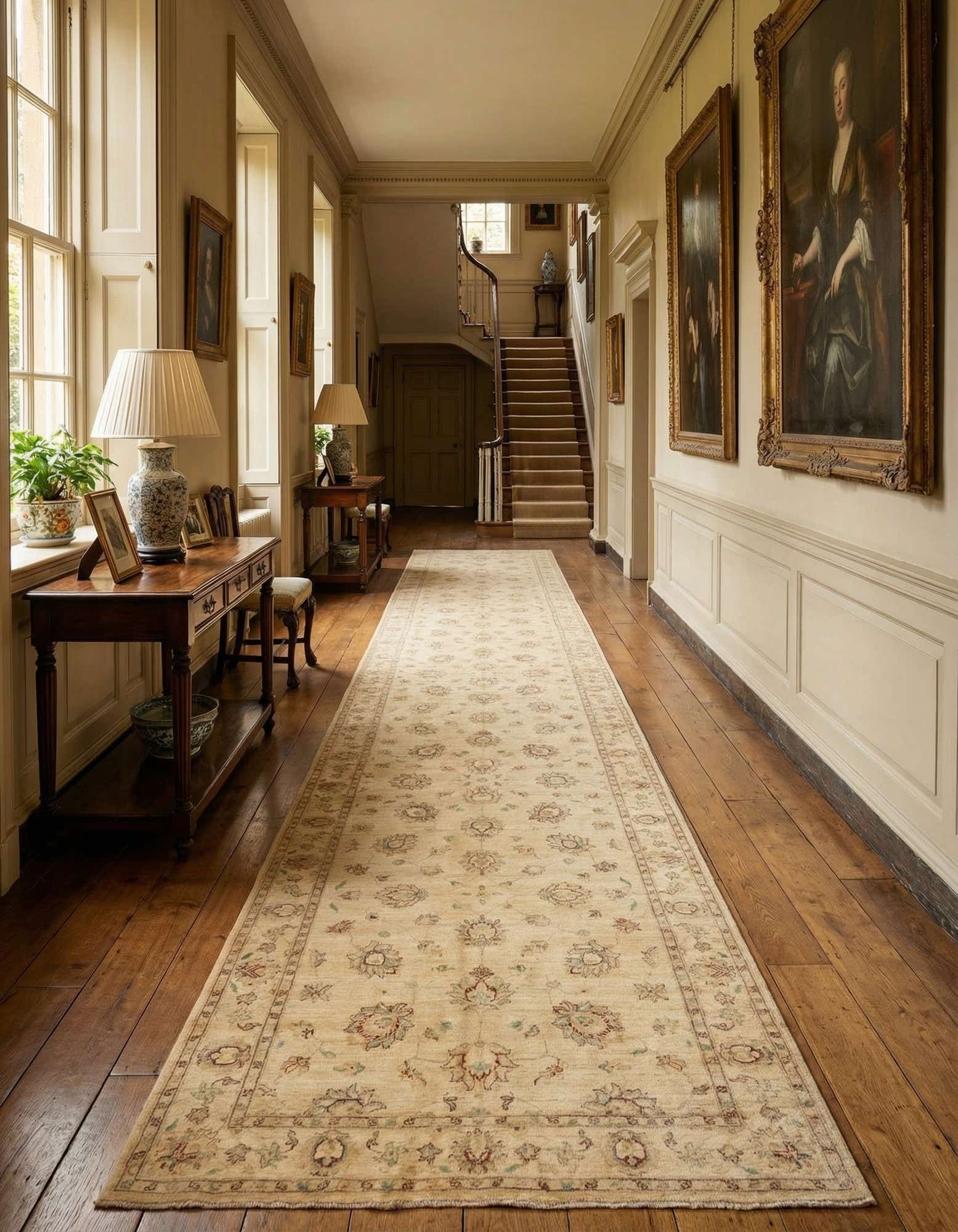 A 19 ft ivory runner rug with a traditional Oriental pattern featuring intricate floral medallions and a detailed border, ideal for hallways.