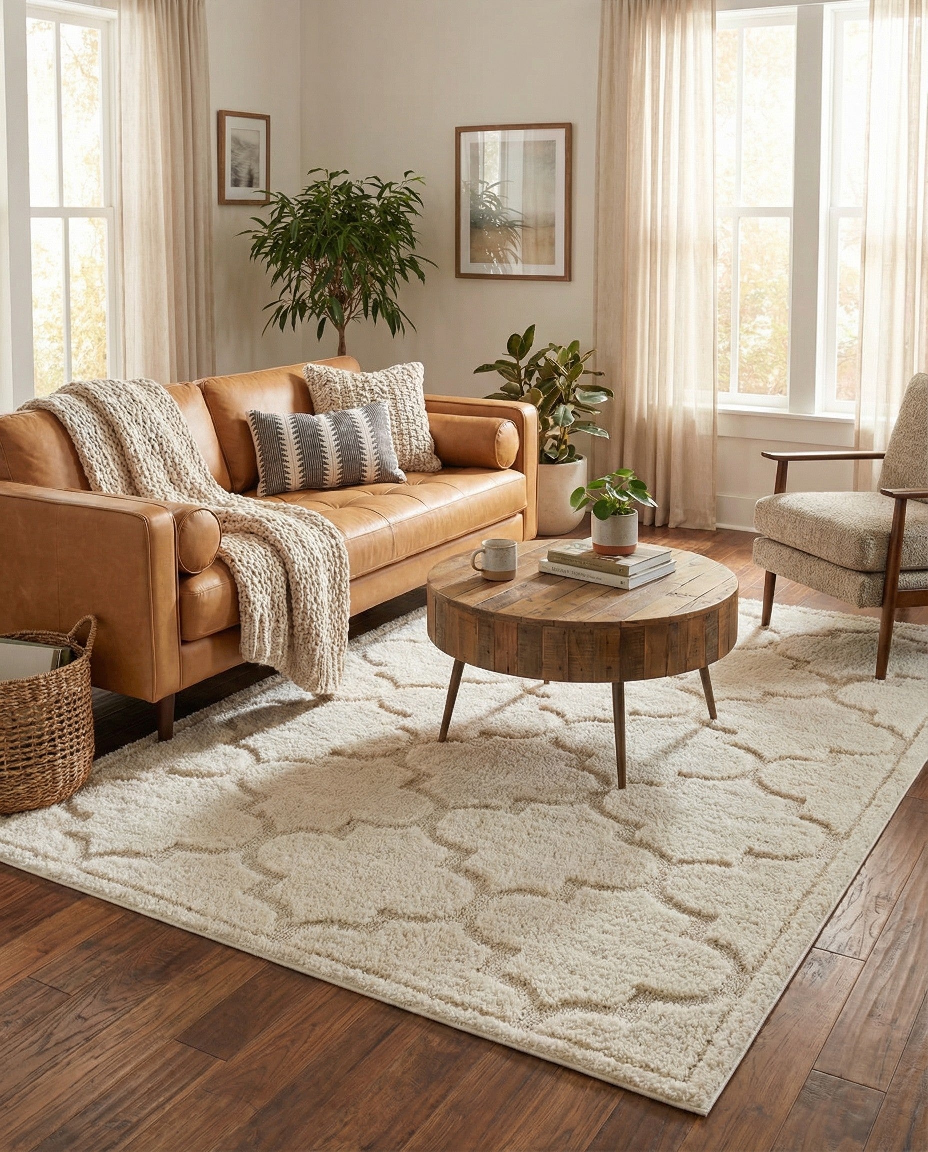 A 9x12 rectangular ivory shag rug with a subtle raised lattice pattern, adding texture to a living space.