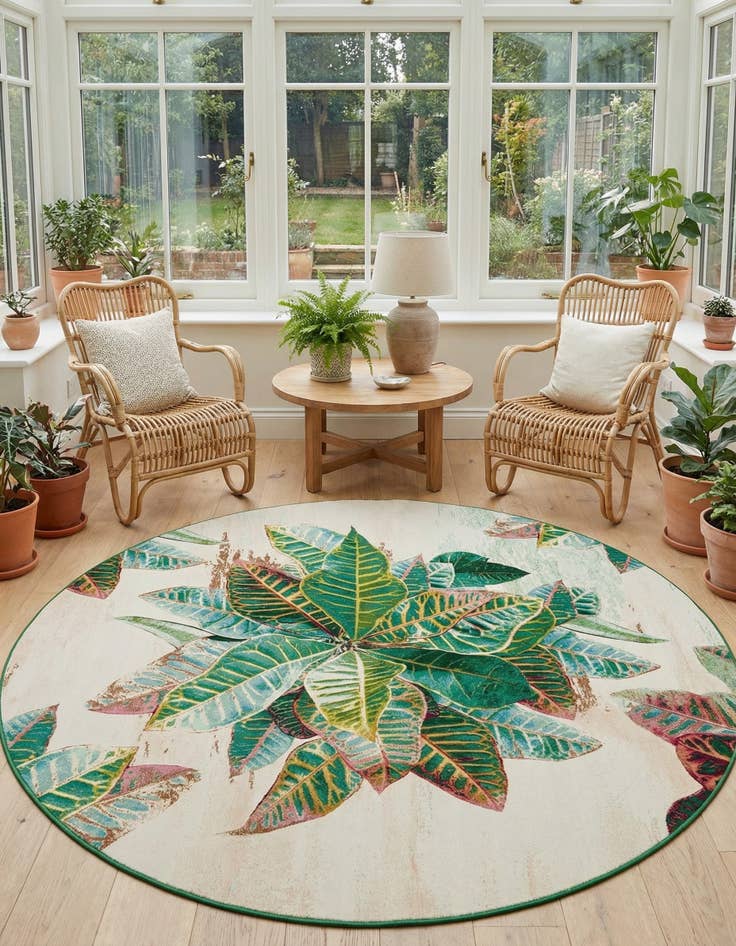 Detail image of  10' x 10'  Washable Botanical Indoor / Outdoor Round Rug