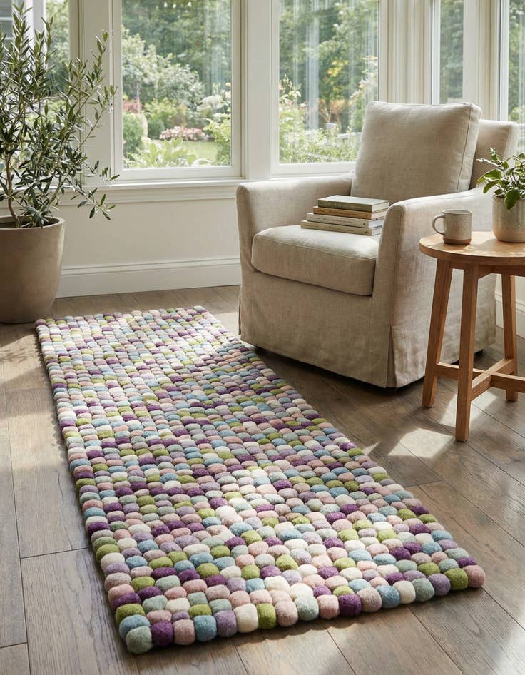 Detail image of  2' x 6' 1  Hand Woven Felt Ball Wool Runner Rug