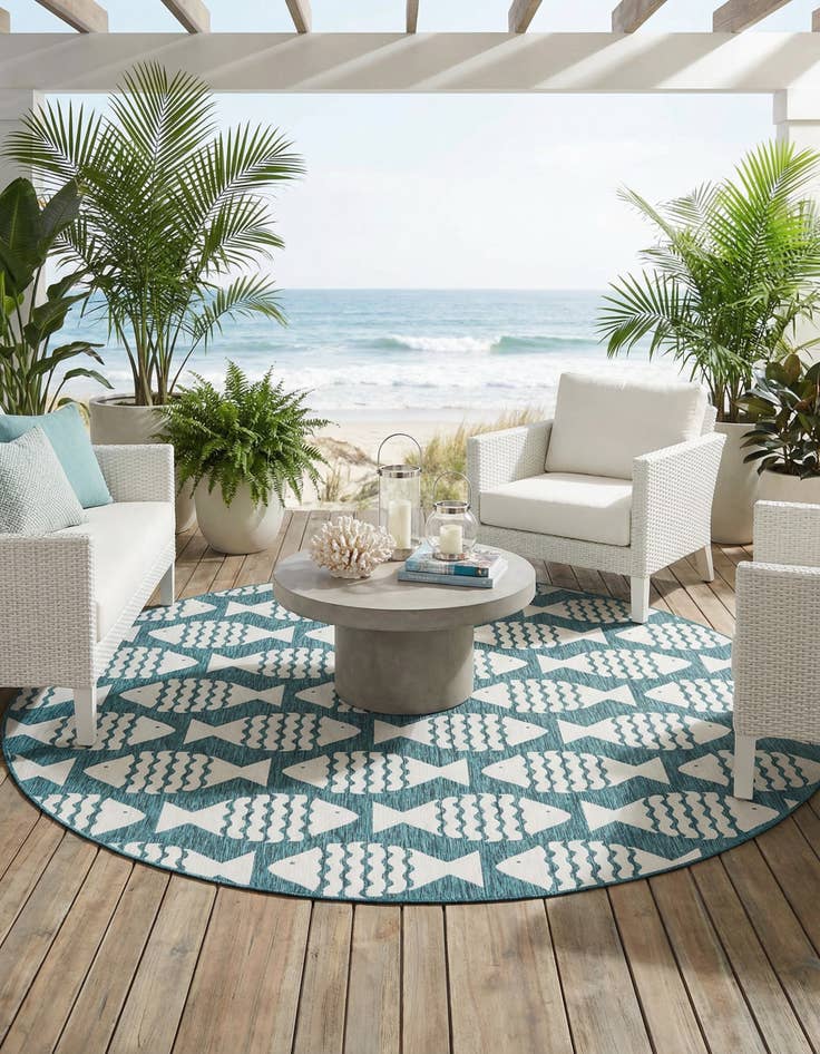 Detail image of  12' x 12'  Washable Coastal Indoor / Outdoor Round Rug