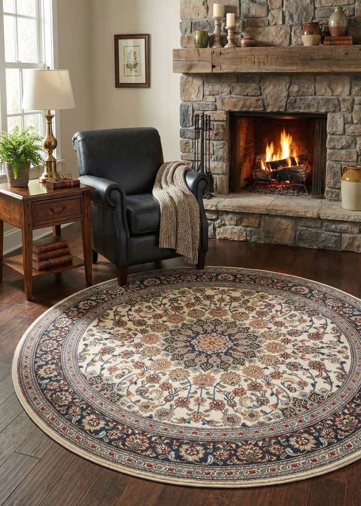 7' 10 x 7' 10 Easy-Clean Traditional Indoor / Outdoor Round Rug