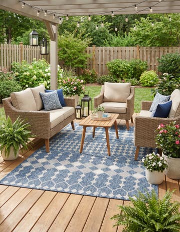 Blue Easy-Clean Trellis Indoor / Outdoor Rug