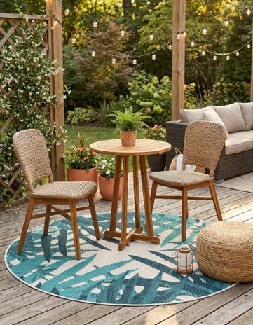 Teal blue Easy-Clean Botanical Indoor / Outdoor Round Rug