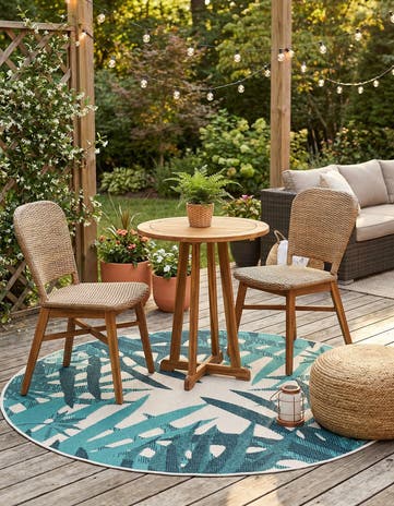 Teal blue Easy-Clean Botanical Indoor / Outdoor Round Rug