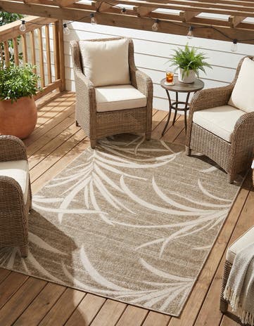 Beige Easy-Clean Botanical Indoor / Outdoor Rug