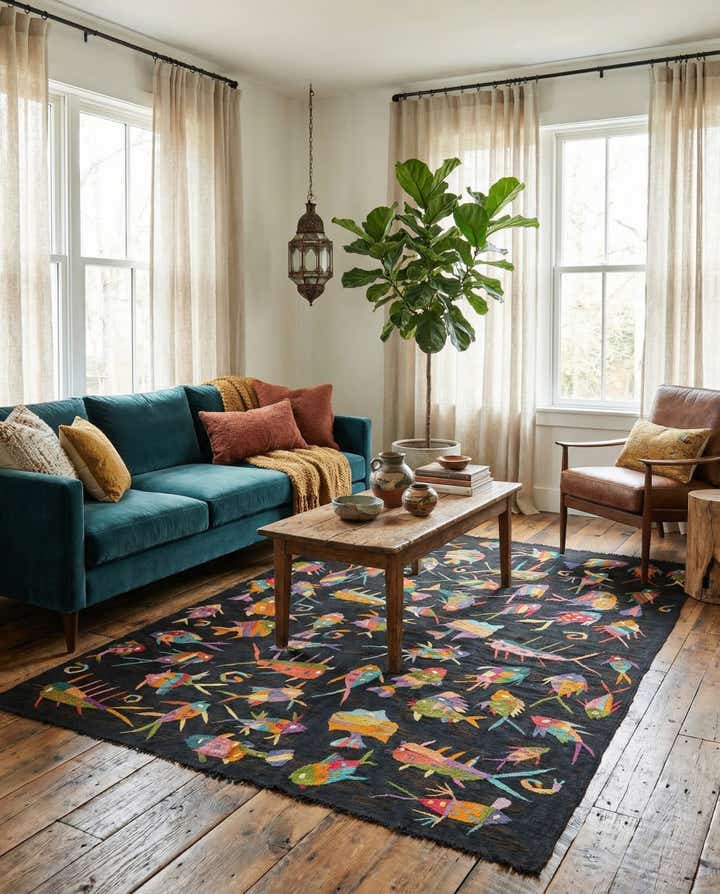 4' 6 x 6' 6 Hand Woven Kilim Suzani Wool Rug